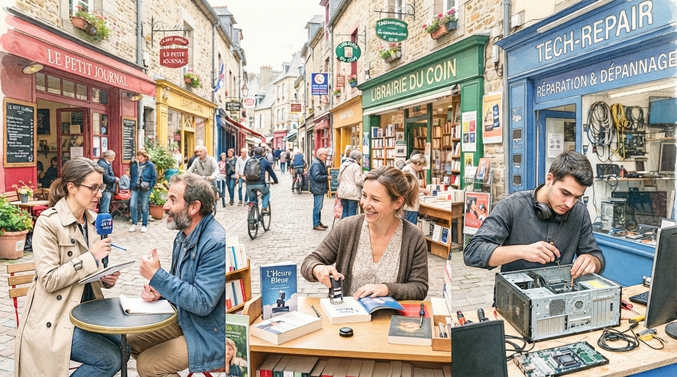 Dans une rue commerçante, une journaliste interviewe un habitant devant Le Petit Journal, une libraire range des livres à la Librairie du coin, et un technicien répare un ordinateur chez Tech-Repair